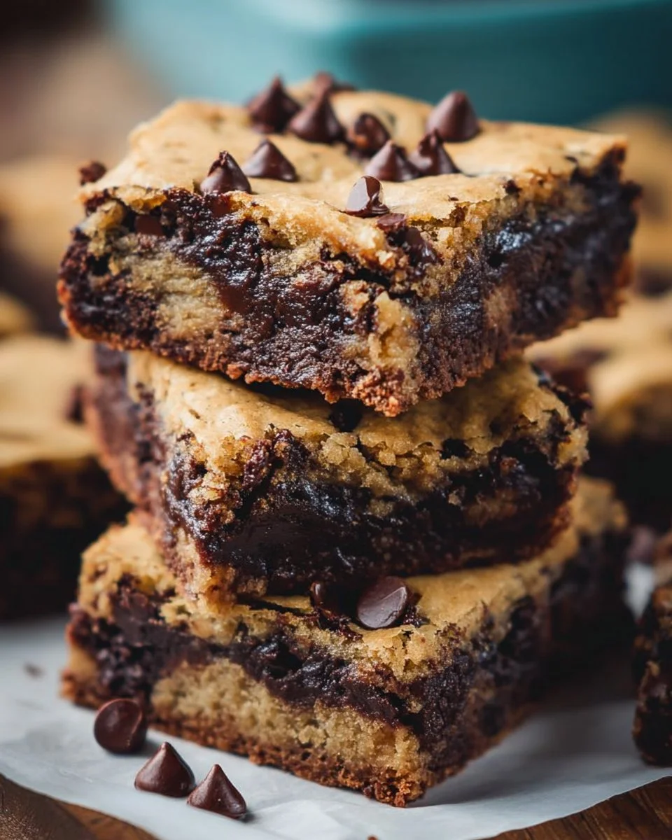 Delicious chocolate chip cookie brownies topped with melted chocolate chips