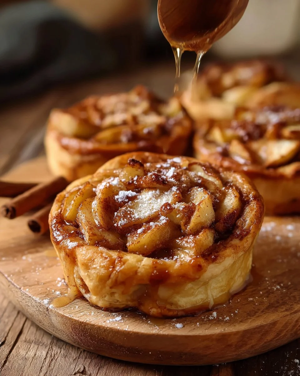 Cinnamon roll apple pie with golden crust and apple filling topped with cinnamon glaze
