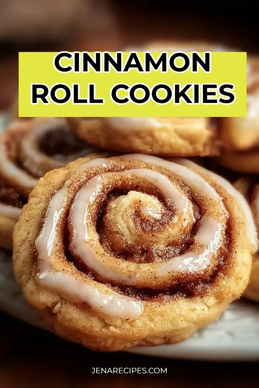 Delicious cinnamon roll cookies drizzled with icing on a plate