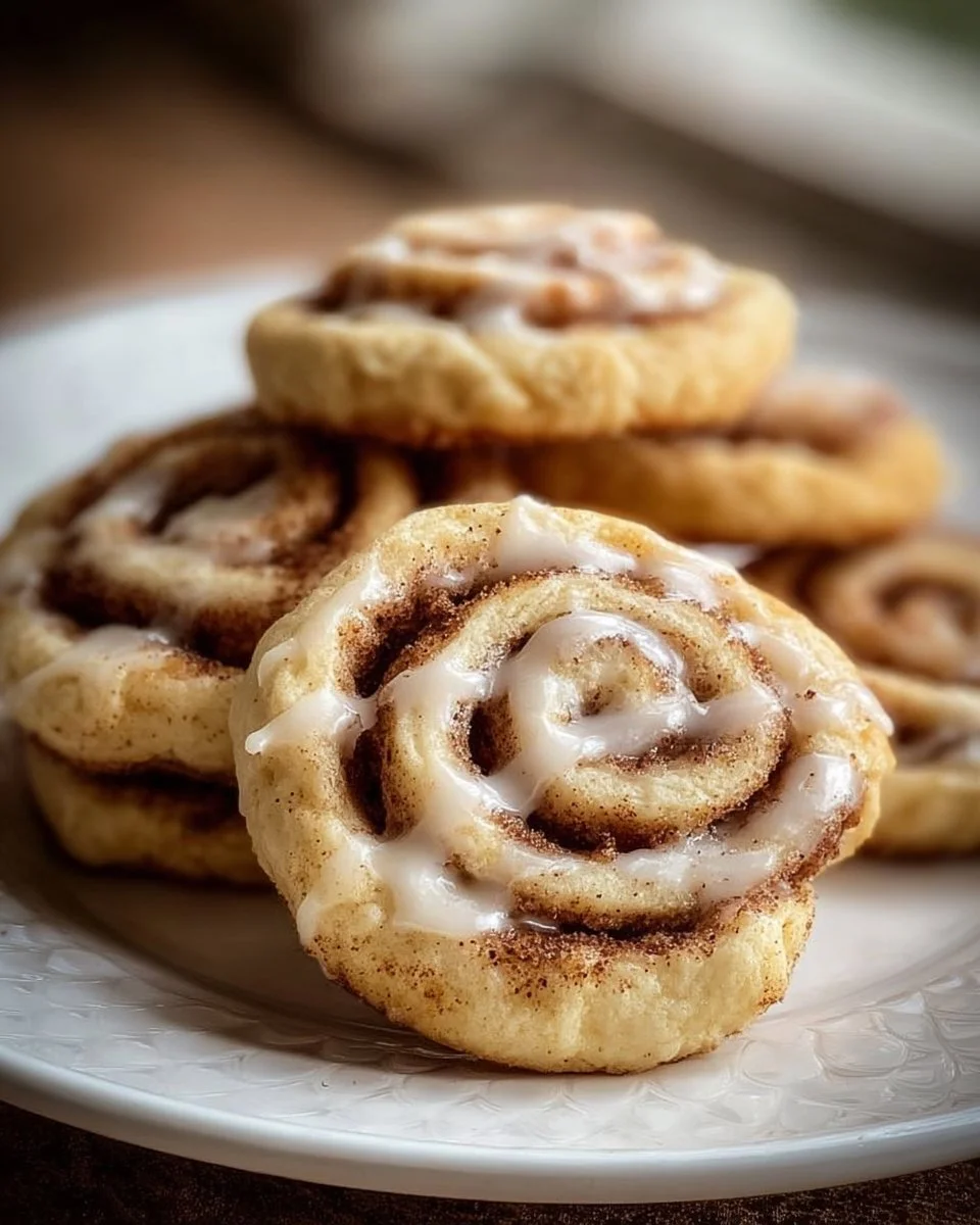 Freshly baked cinnamon roll cookies with icing and cinnamon swirls