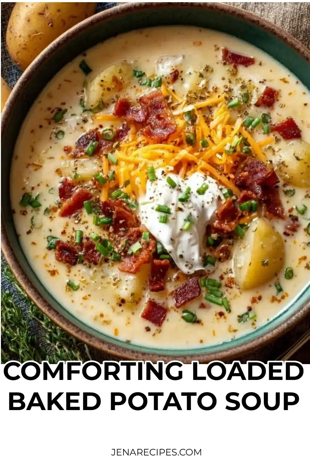 Creamy and comforting loaded baked potato soup topped with cheese and bacon.