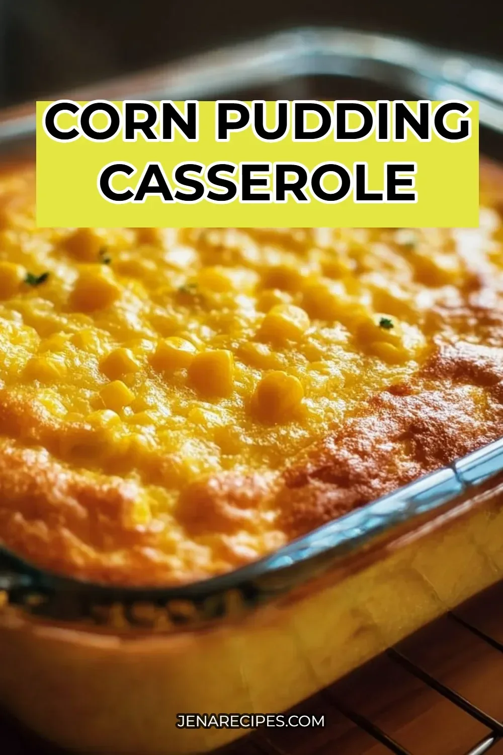 Delicious corn pudding casserole served in a baking dish