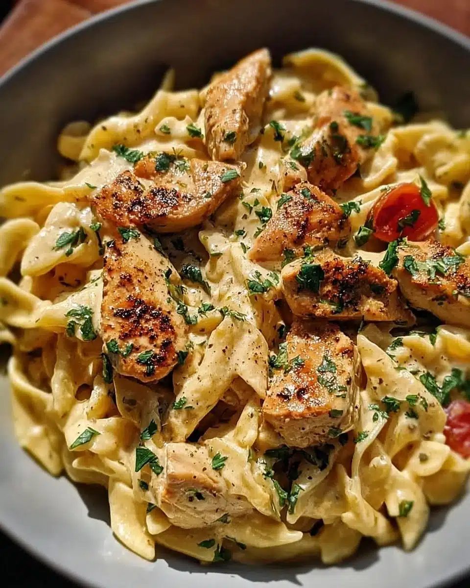 Creamy Cajun Chicken Pasta with rich sauce and vegetables.