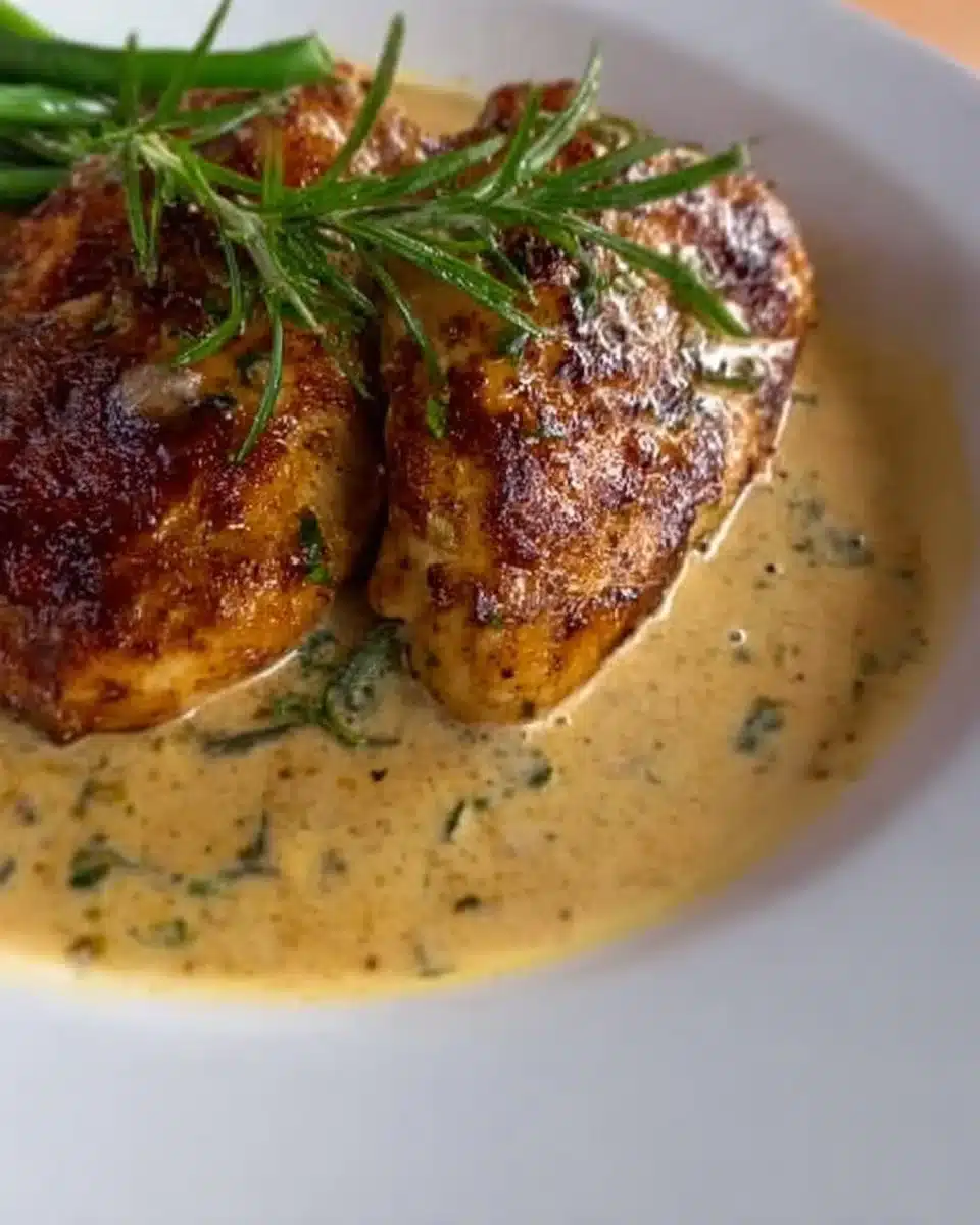 Creamy garlic chicken served on a plate with herbs and spices
