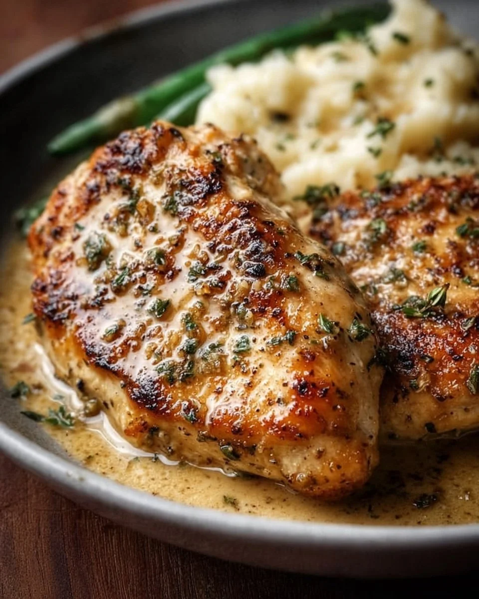 Creamy Garlic Parmesan Chicken Breast served on a plate with herbs.