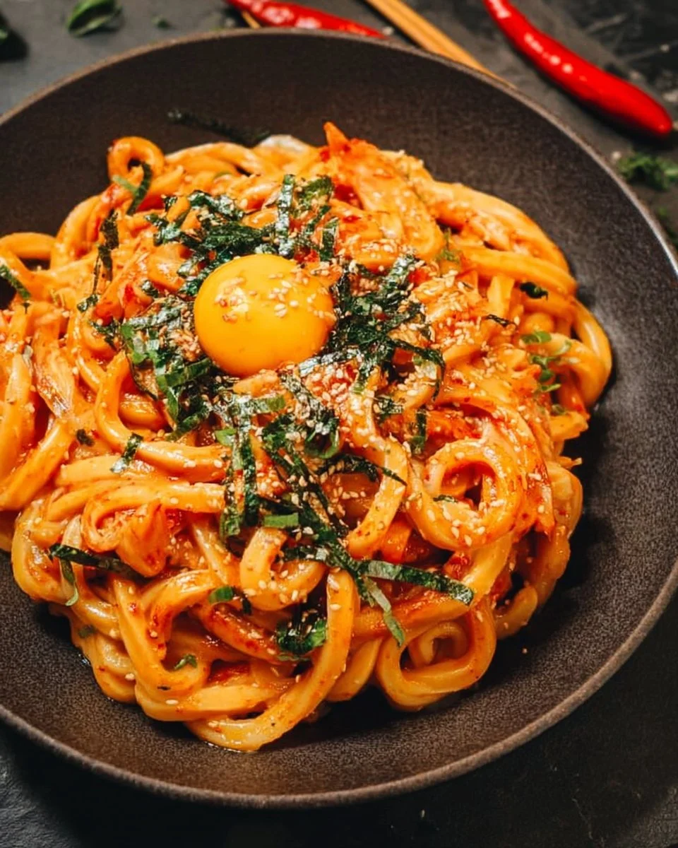 Creamy Gochujang Udon noodles served in a bowl with vegetables