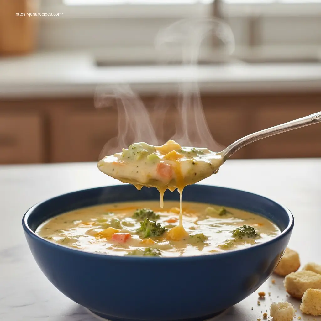Spoon lifting Jalapeño Cheddar Broccoli Soup, close-up