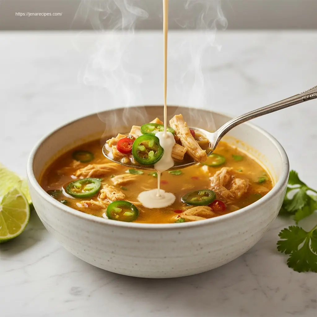 Spoon lifting creamy Spicy Jalapeño Chicken Soup.