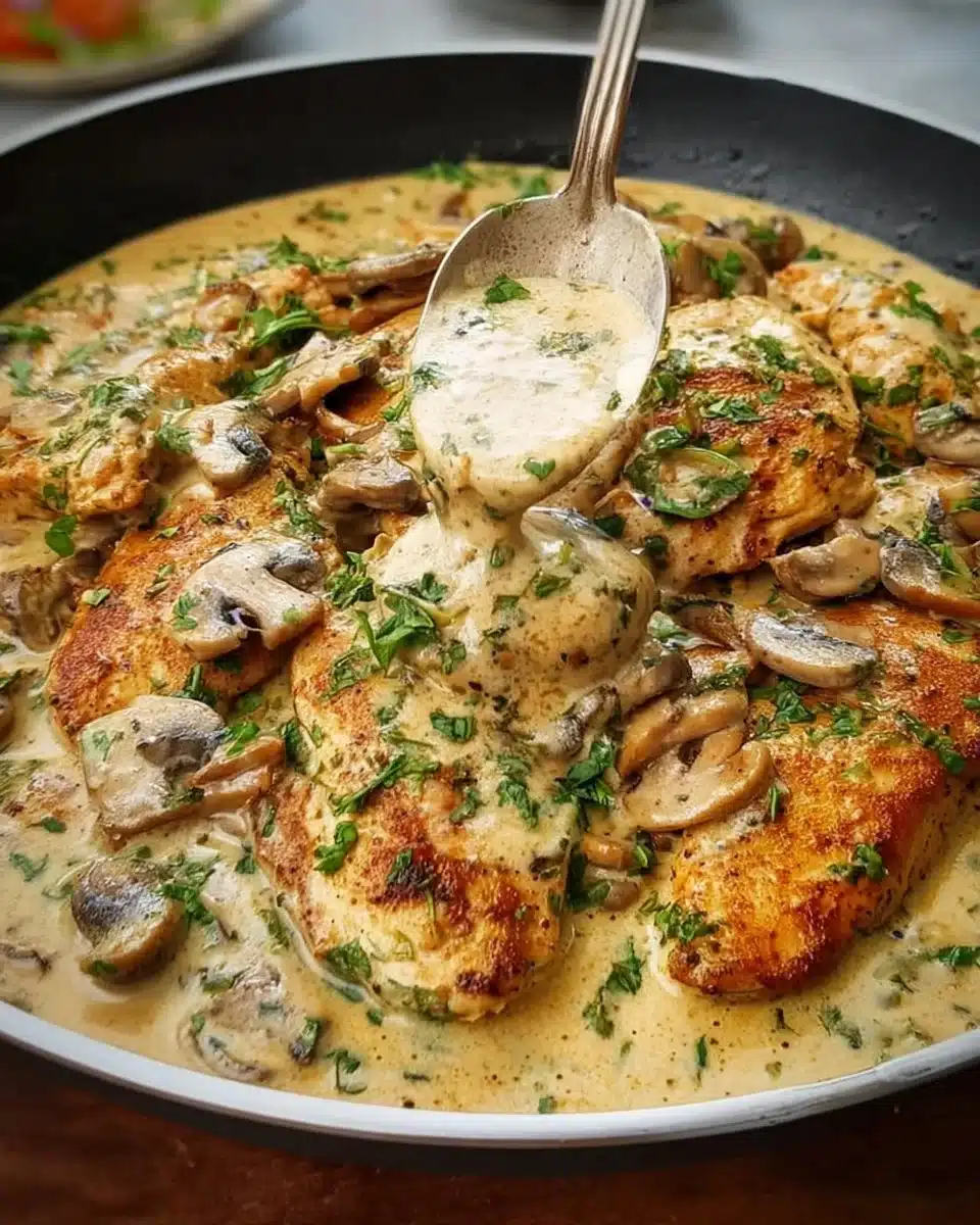 Creamy mushroom chicken served with herbs and sides