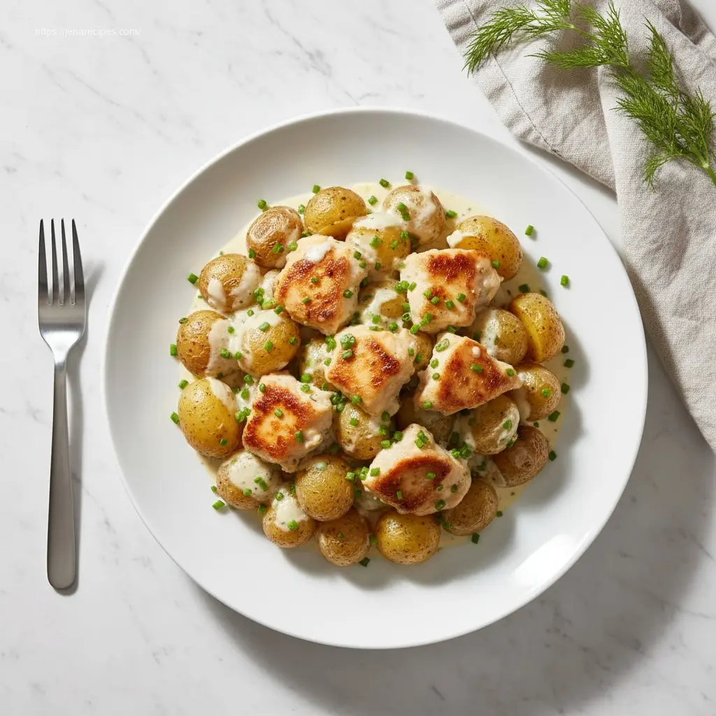 Delicious Creamy Ranch Chicken &amp; Potatoes served on a white plate.