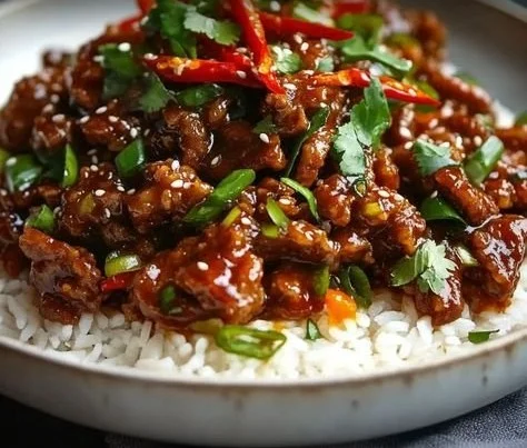 Plate of crispy chilli beef rice garnished with fresh vegetables