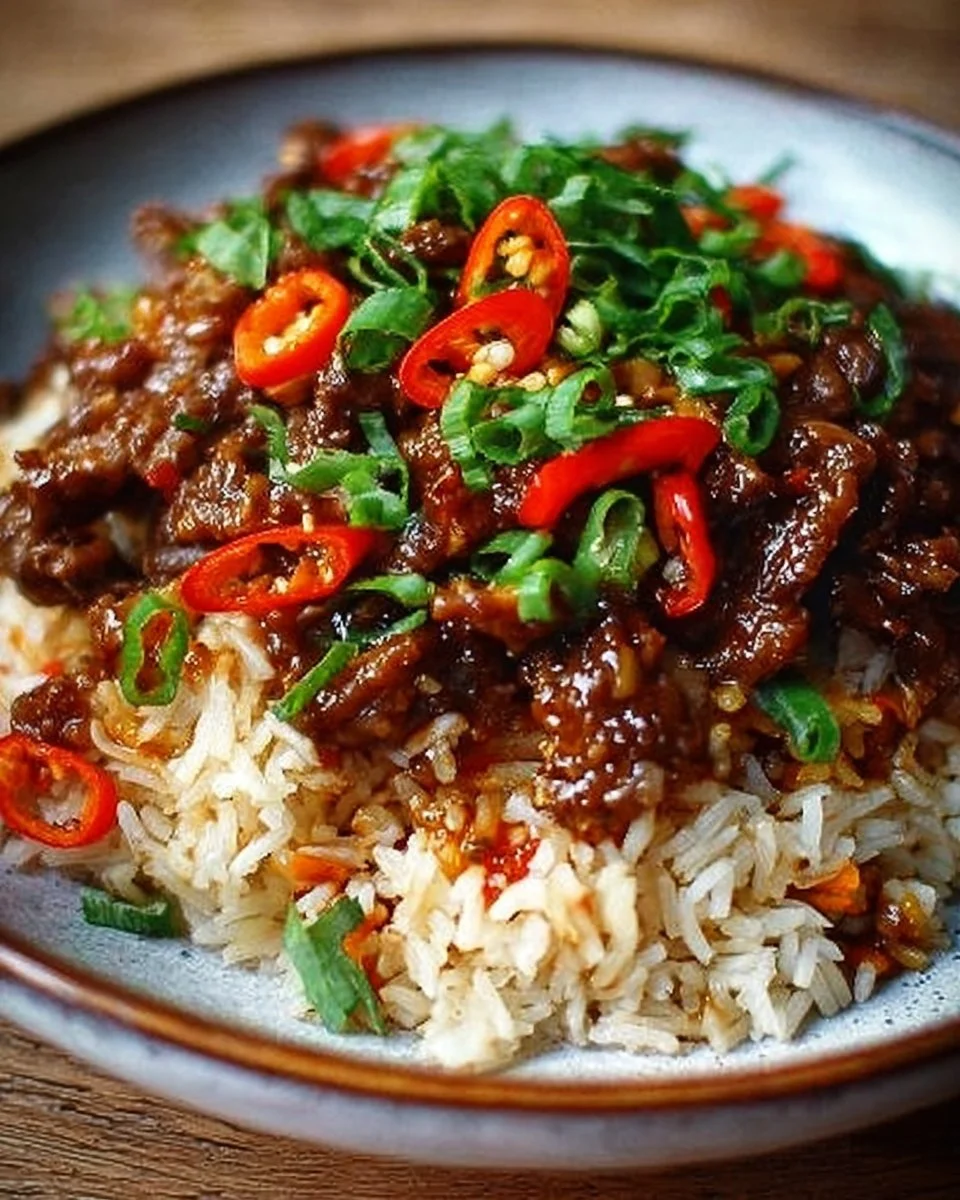 Plate of crispy chilli beef rice garnished with green onions and sesame seeds