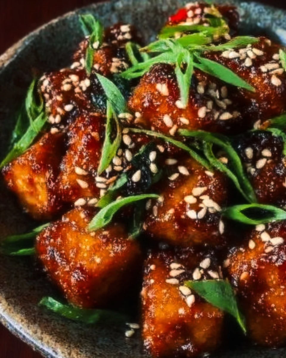 Crispy honey garlic tofu dish garnished with green onions and sesame seeds.