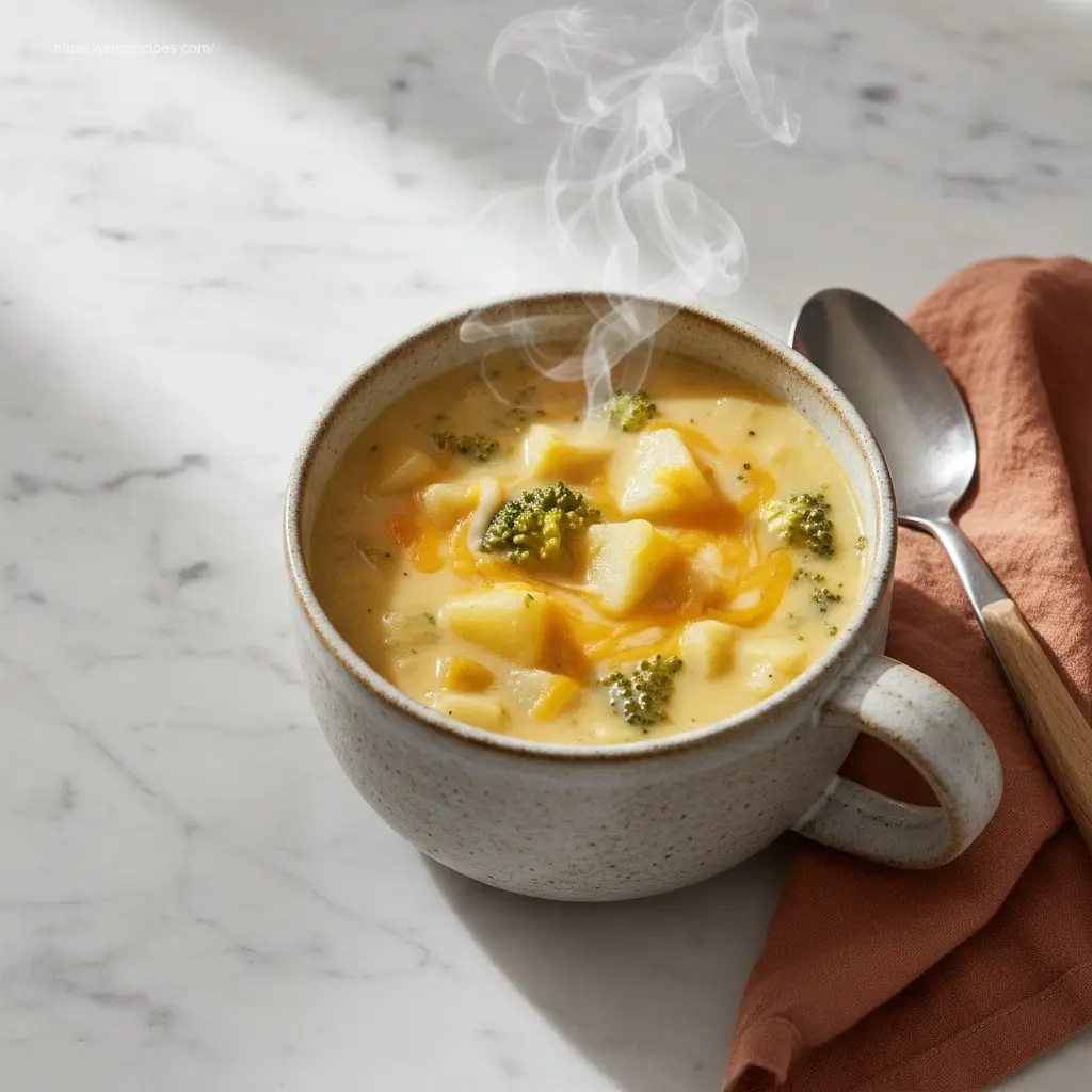 Hot Cheddar Broccoli Potato Soup in a modern stoneware mug