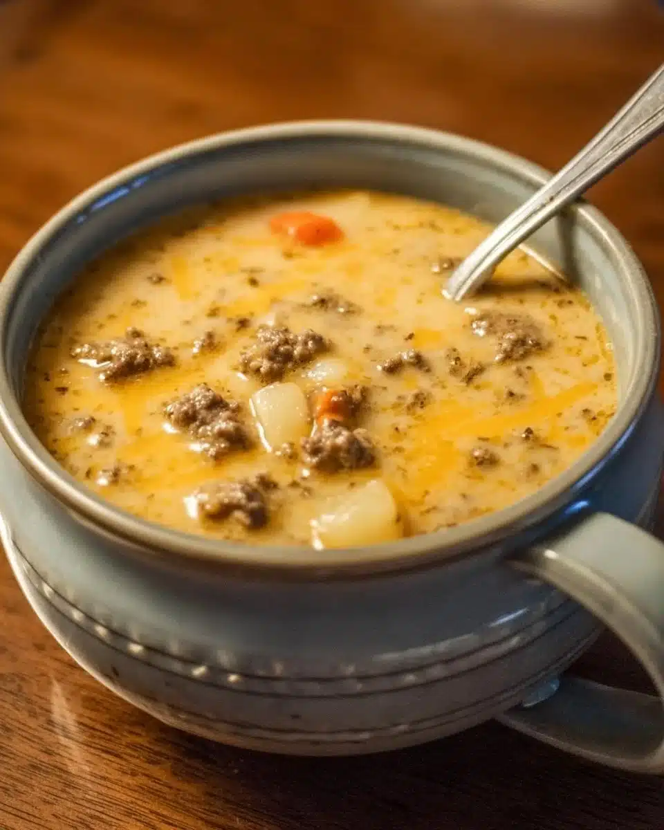 Crockpot cheeseburger soup in a bowl, garnished with cheese and herbs