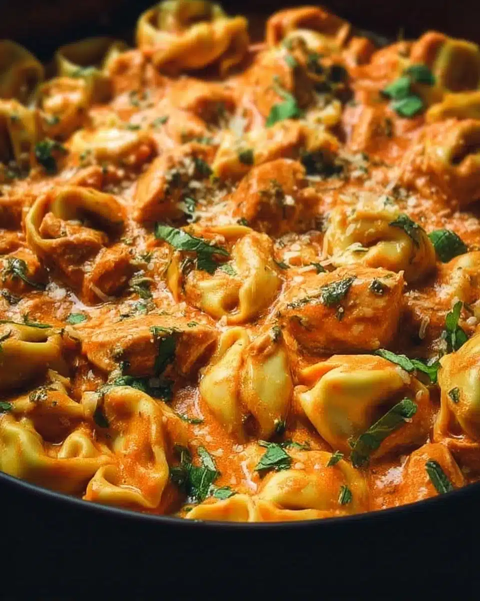 Delicious CrockPot Chicken Tortellini served in a bowl with fresh herbs.
