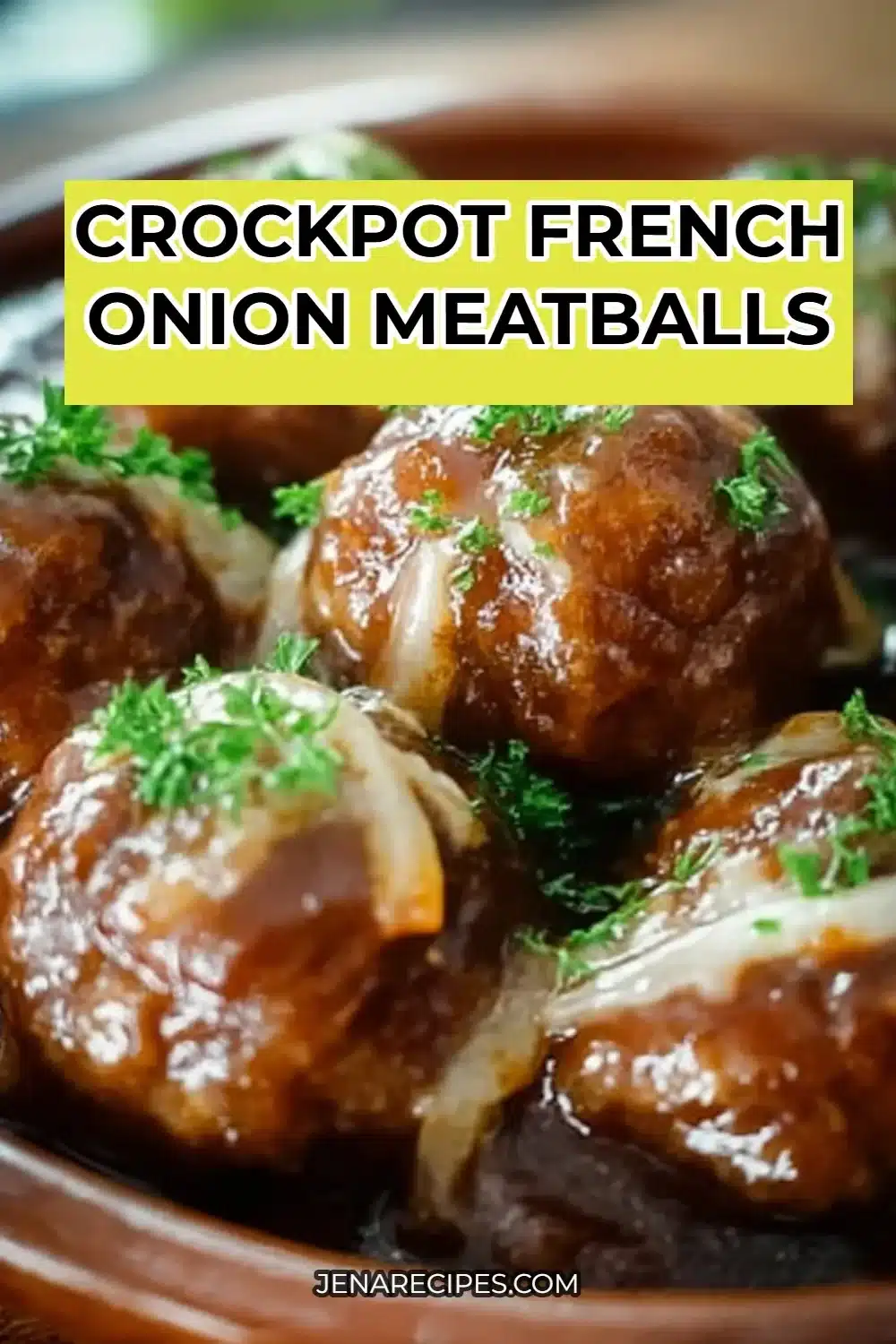 Delicious Crockpot French Onion Meatballs served in a savory broth