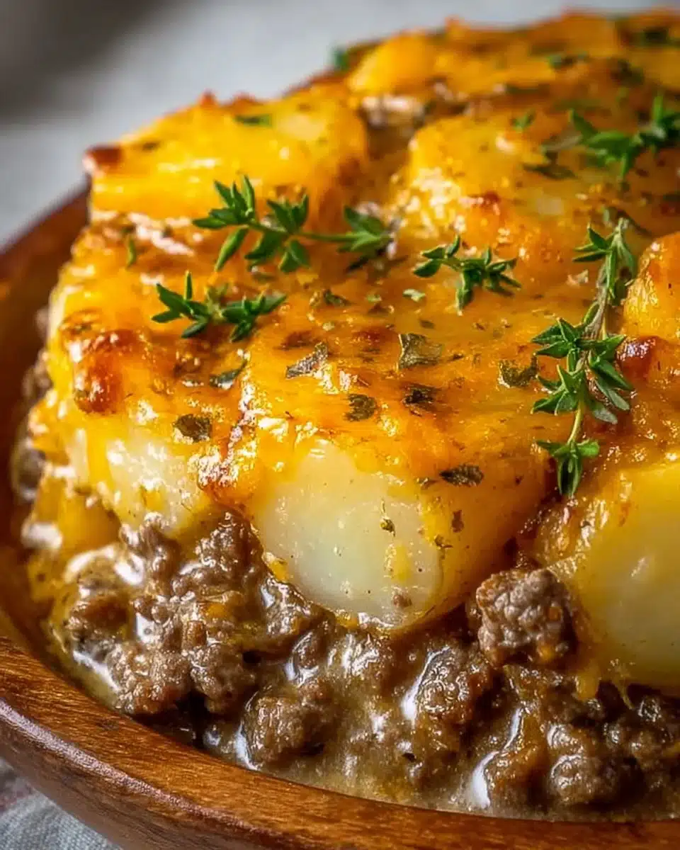 Crockpot hamburger potato casserole served in a bowl