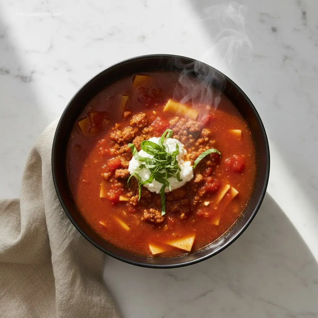 Delicious bowl of Crockpot Lasagna Soup with fresh basil.