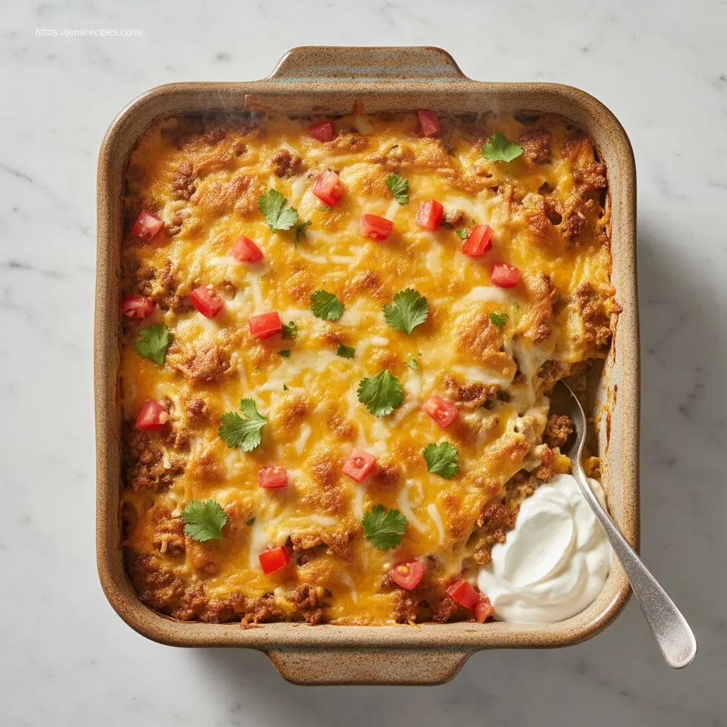 Delicious Crockpot Taco Casserole with melted cheese.
