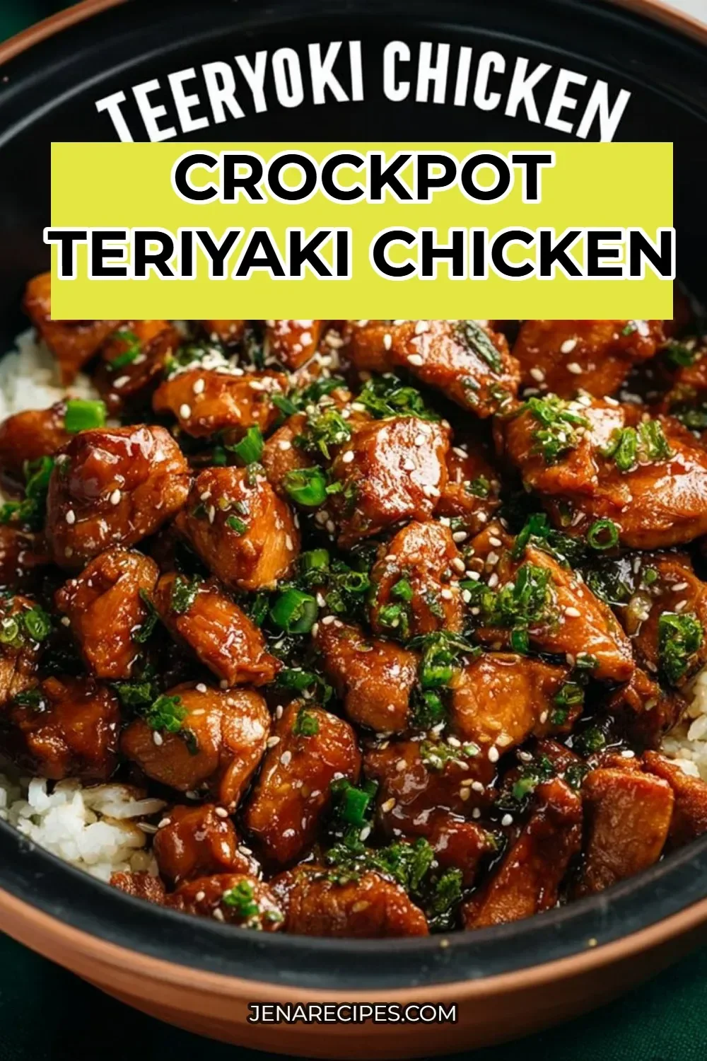 Crockpot Teriyaki Chicken served with rice and vegetables
