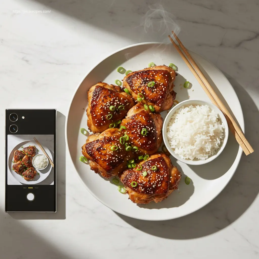 Delicious Dump &amp; Go Teriyaki Chicken thighs, served with rice.