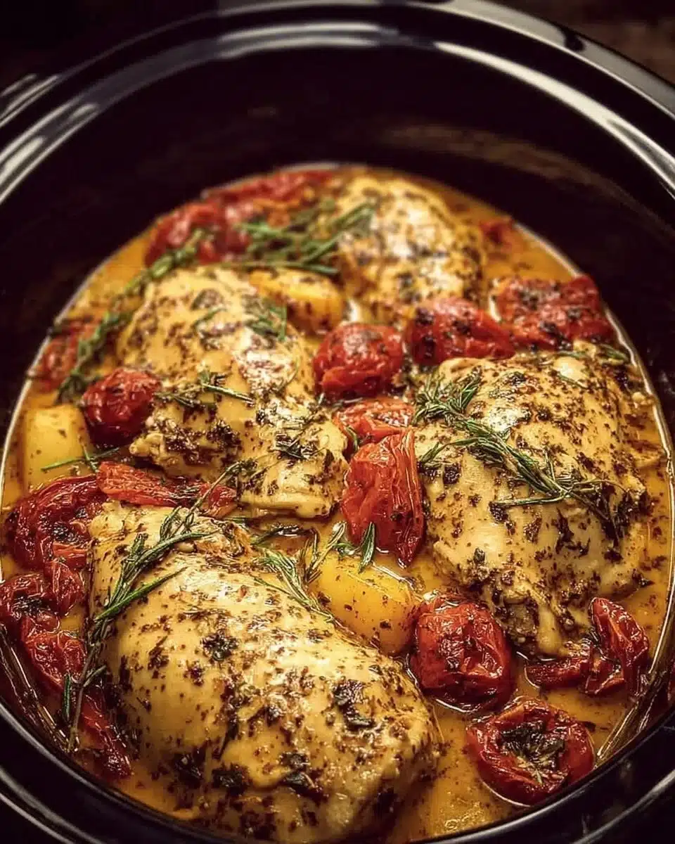 Delicious Dump & Go Crockpot Marry Me Chicken served with creamy sauce and herbs