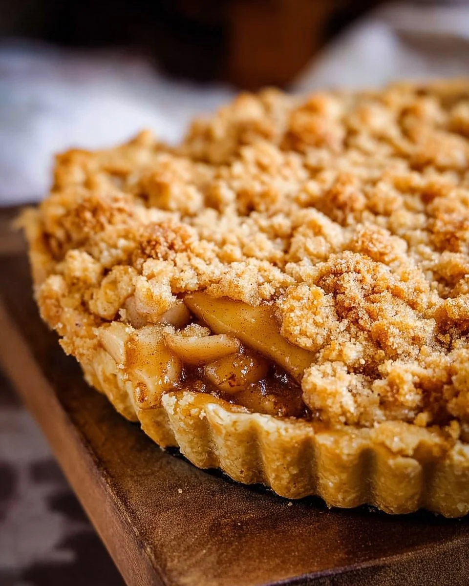 Delicious Dutch apple crumble pie garnished with a golden crumble topping