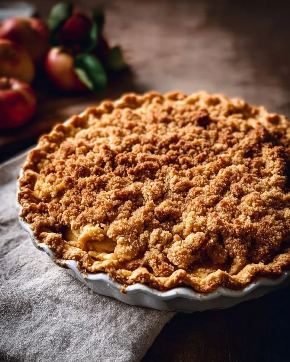 Delicious Dutch Apple Pie topped with buttery crumb crust, showcasing spiced apples