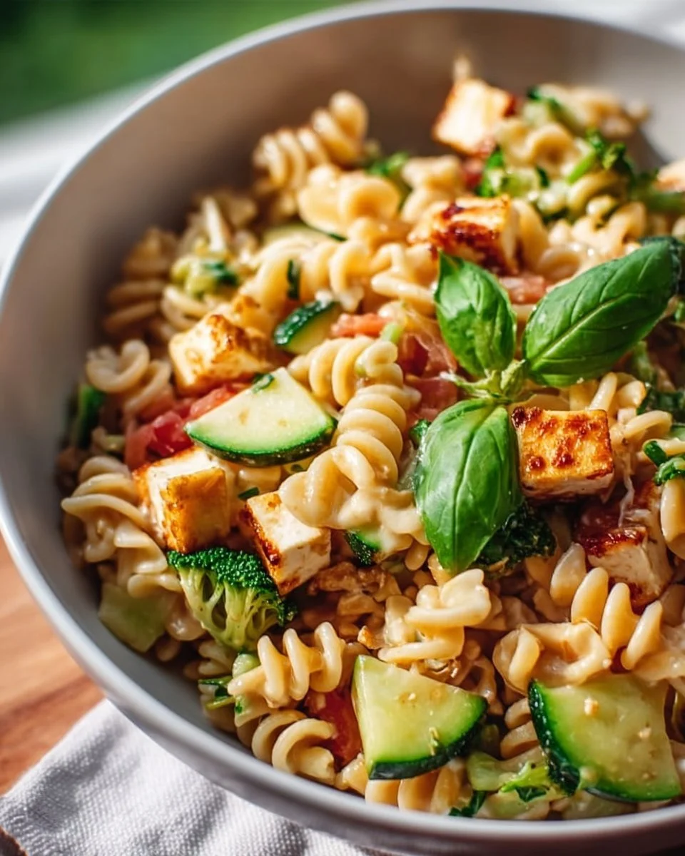 Delicious easy halloumi pasta salad with fresh vegetables and herbs