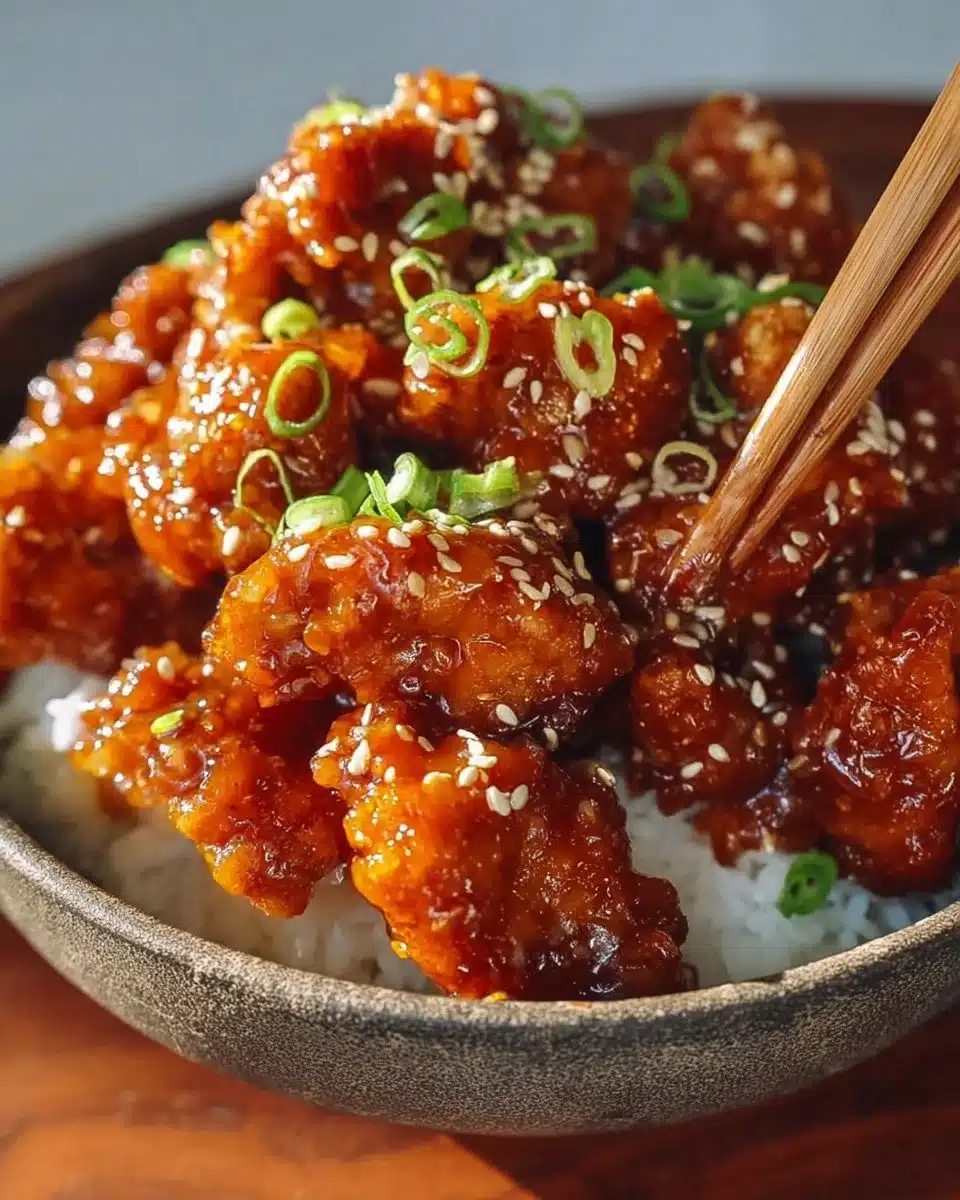 Plate of easy sesame chicken garnished with sesame seeds and green onions