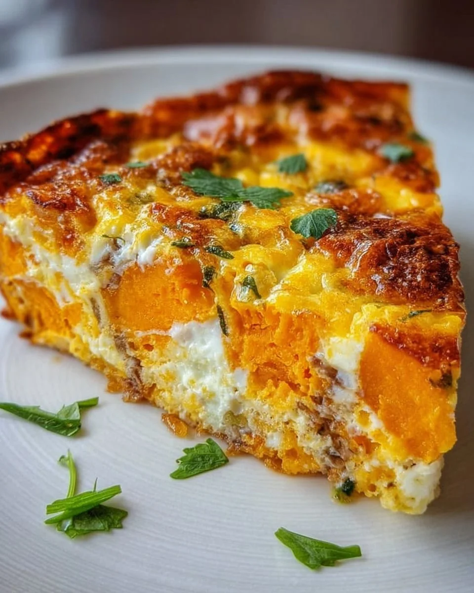 Easy sweet potato egg casserole topped with herbs and spices