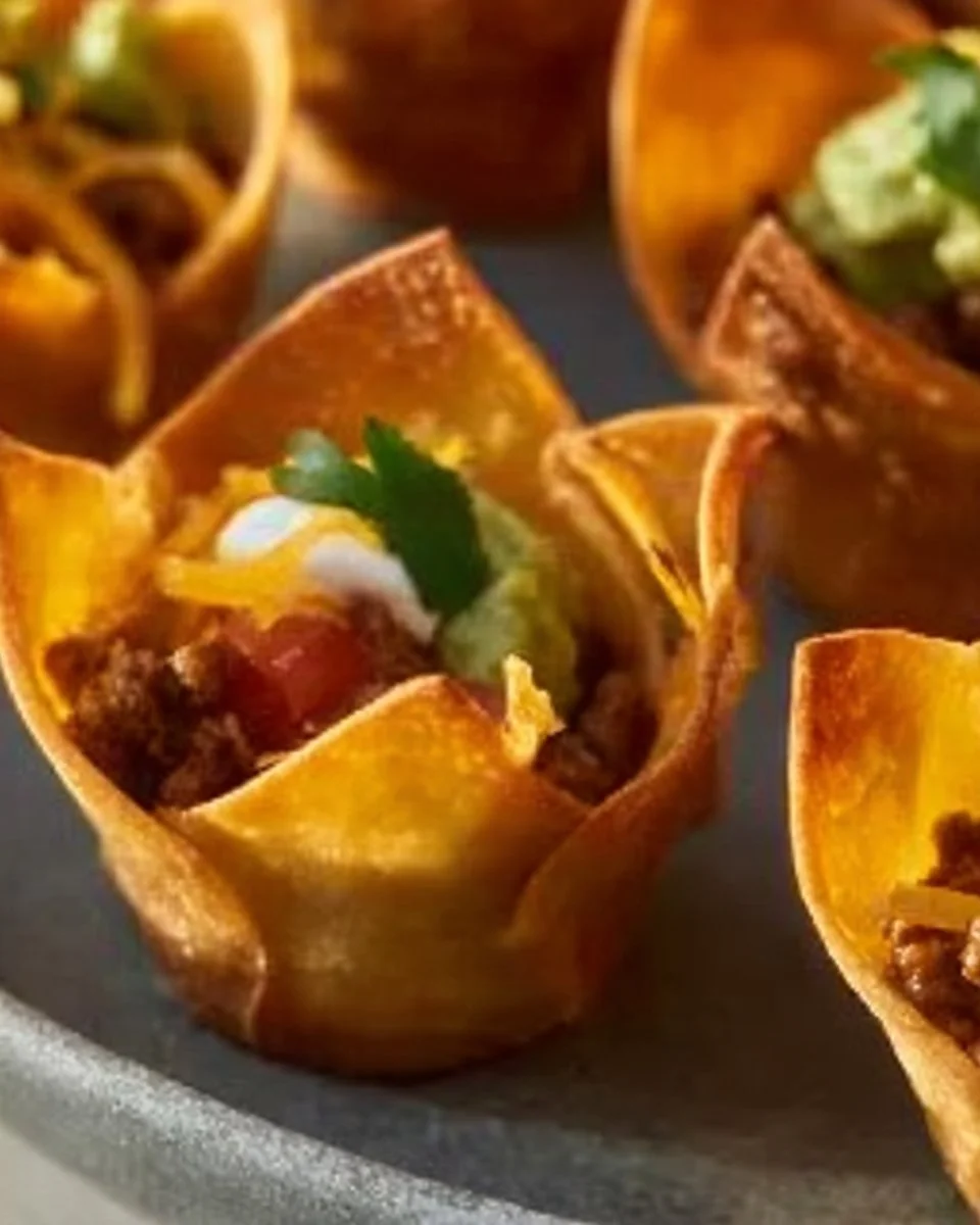 Baked easy taco cups filled with seasoned meat and toppings