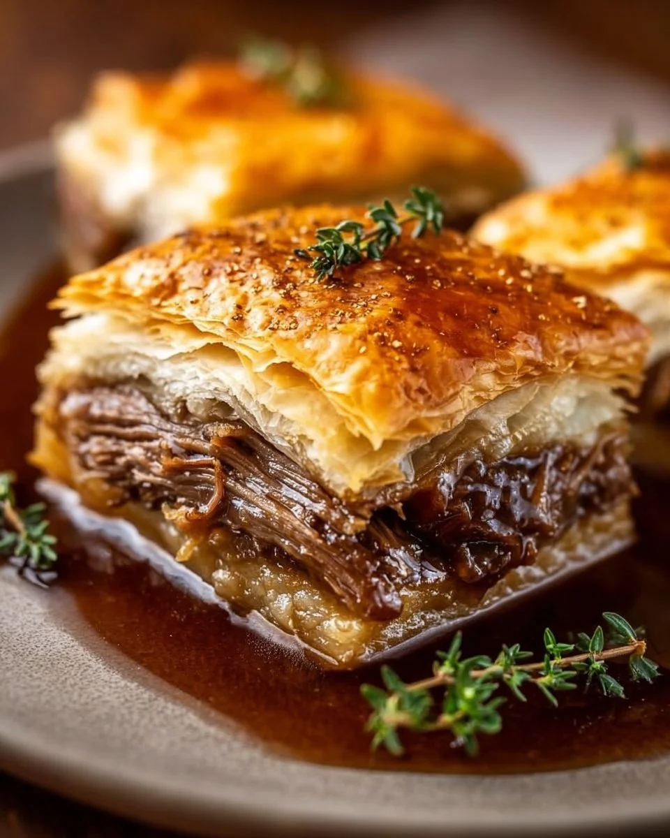 Delicious French Dip Squares served with au jus for dipping