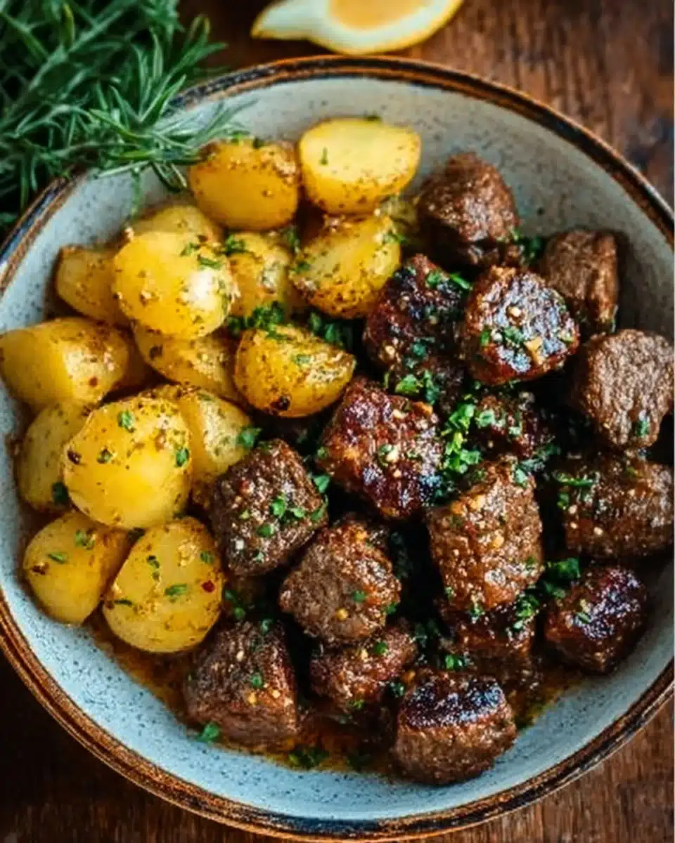 Delicious Garlic Butter Beef Bites served with potatoes on a plate