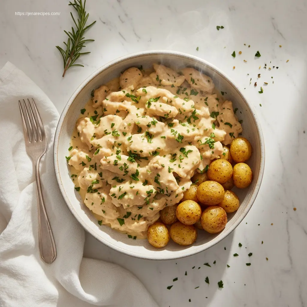 Delicious Garlic Parmesan Slow Cooker Chicken with roasted potatoes.