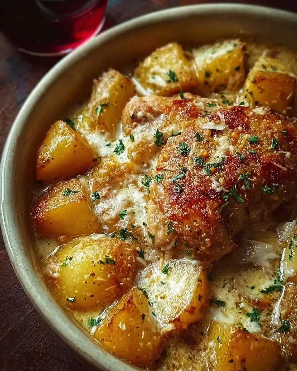 Delicious Garlic Parmesan Chicken and potatoes cooked in a crockpot