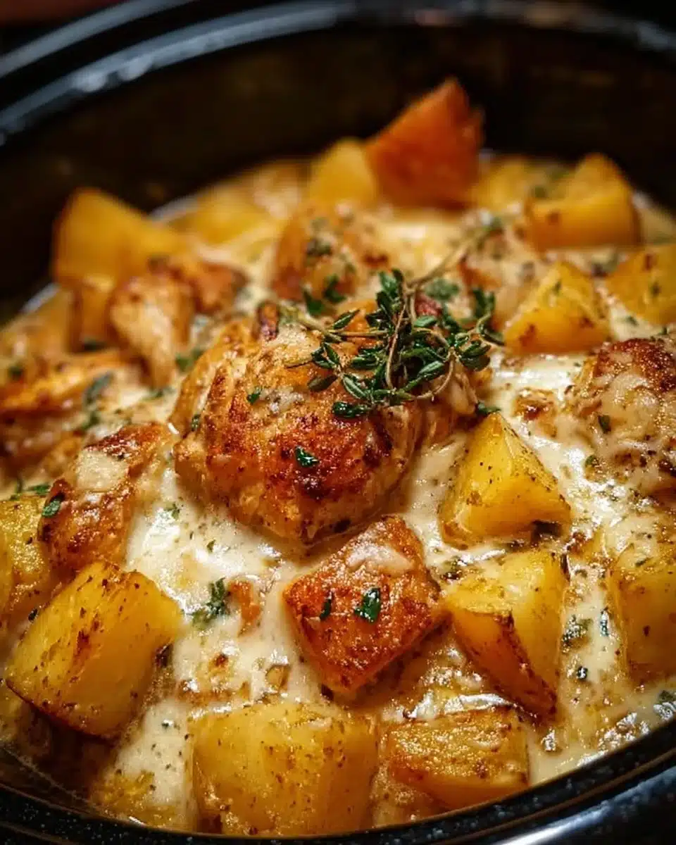 Garlic Parmesan Chicken and potatoes cooked in a crockpot for a flavorful dish.