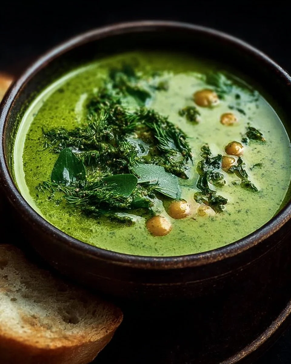 A bowl of vibrant Green Goddess Herb Soup garnished with fresh herbs.