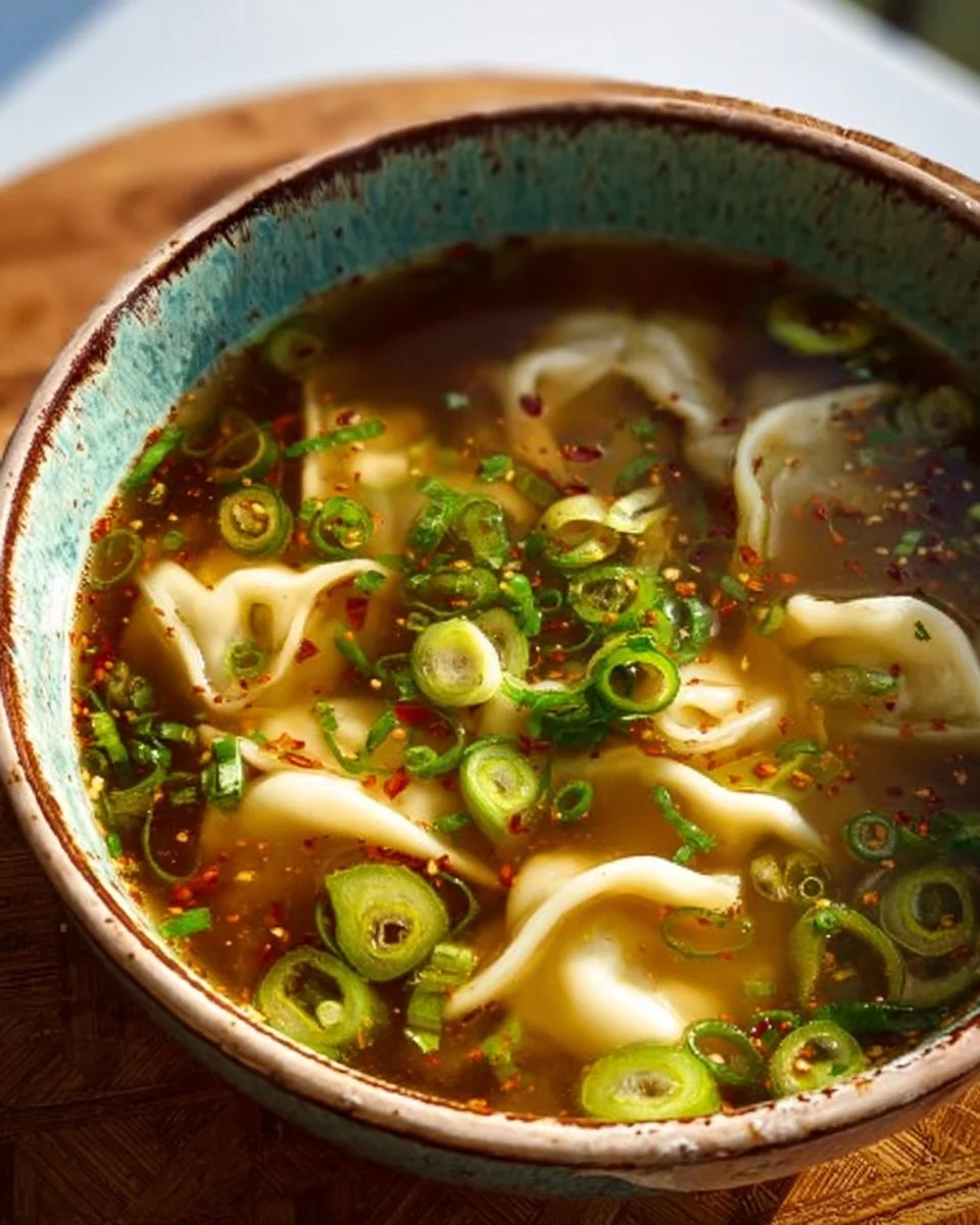 Warm bowl of Gyoza Soup with steaming dumplings and green onions.