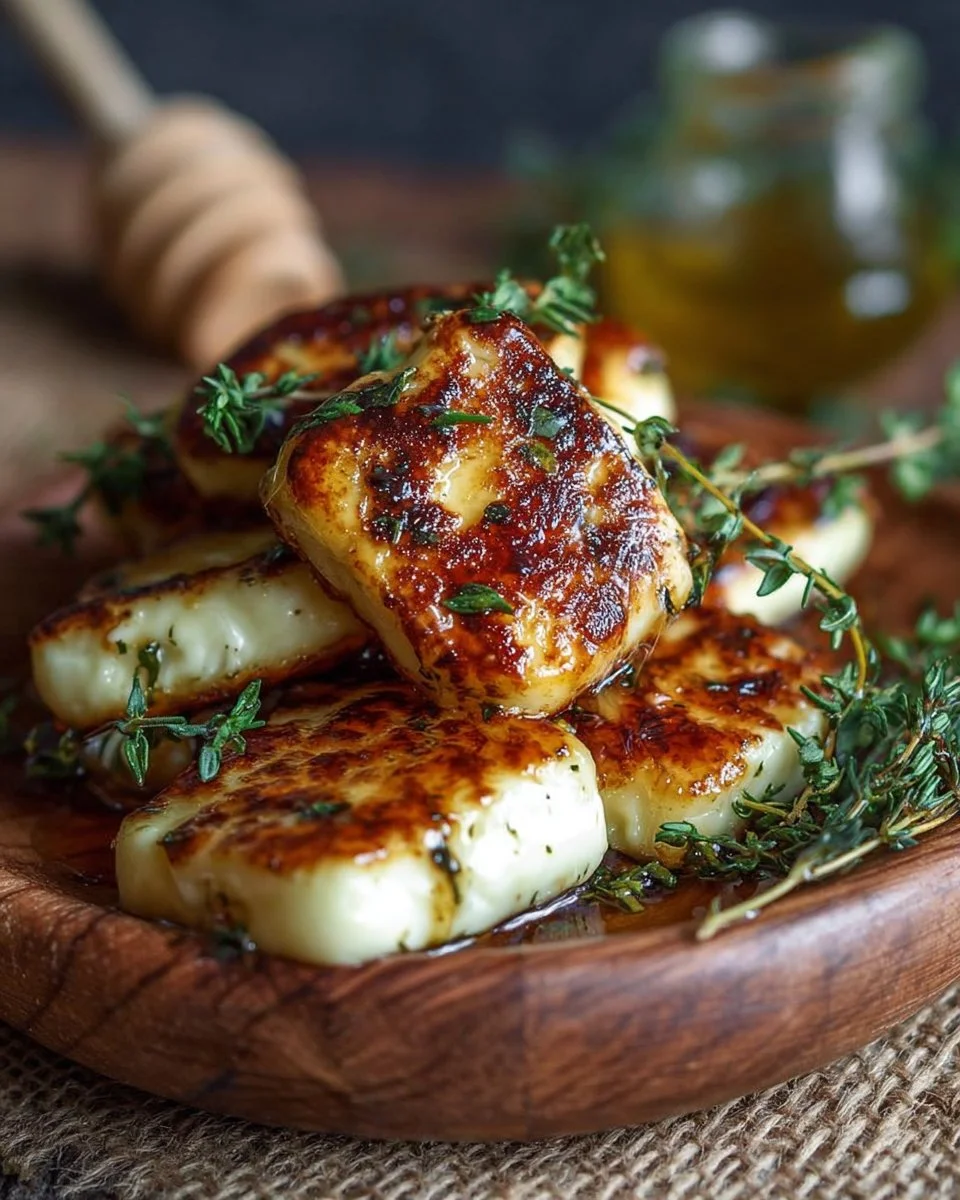Grilled halloumi cheese drizzled with honey and sprinkled with thyme.