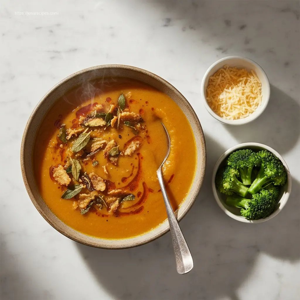 Inviting bowl of Cheddar Garlic Sweet Potato Soup on marble table.