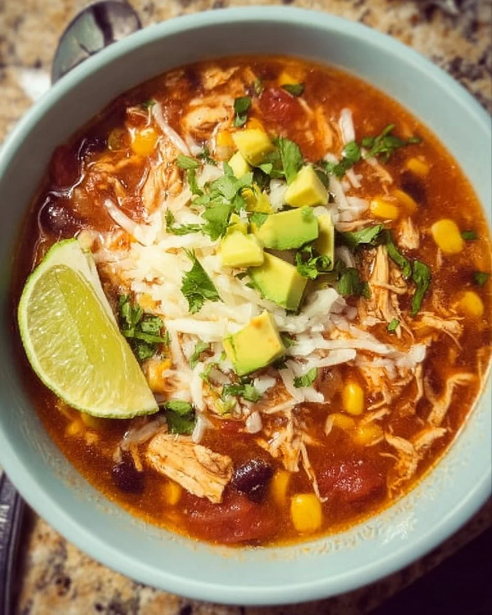 Bowl of high protein chicken taco soup with toppings on a rustic table