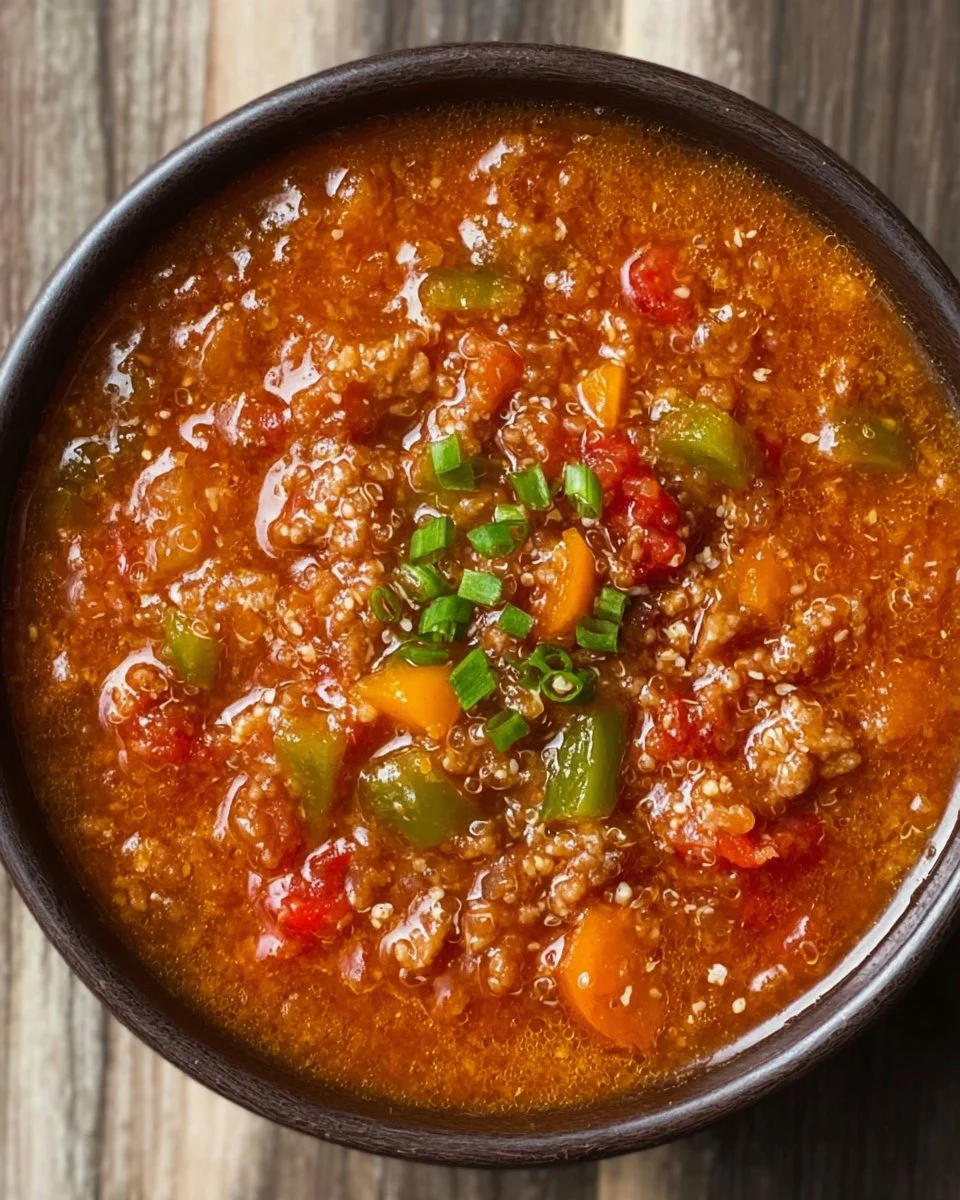 Bowl of high protein stuffed pepper soup garnished with fresh herbs
