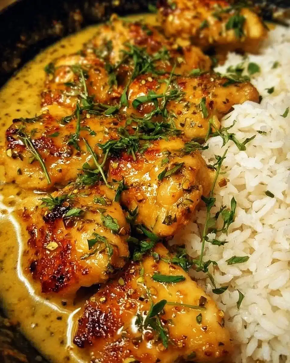 Honey mustard chicken served with rice on a plate