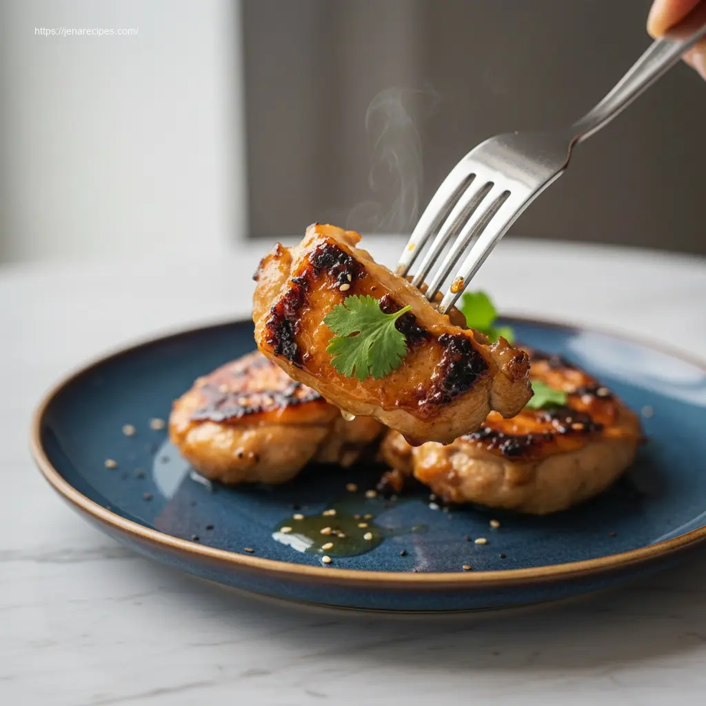 Close-up of fork lifting tender honey teriyaki chicken.