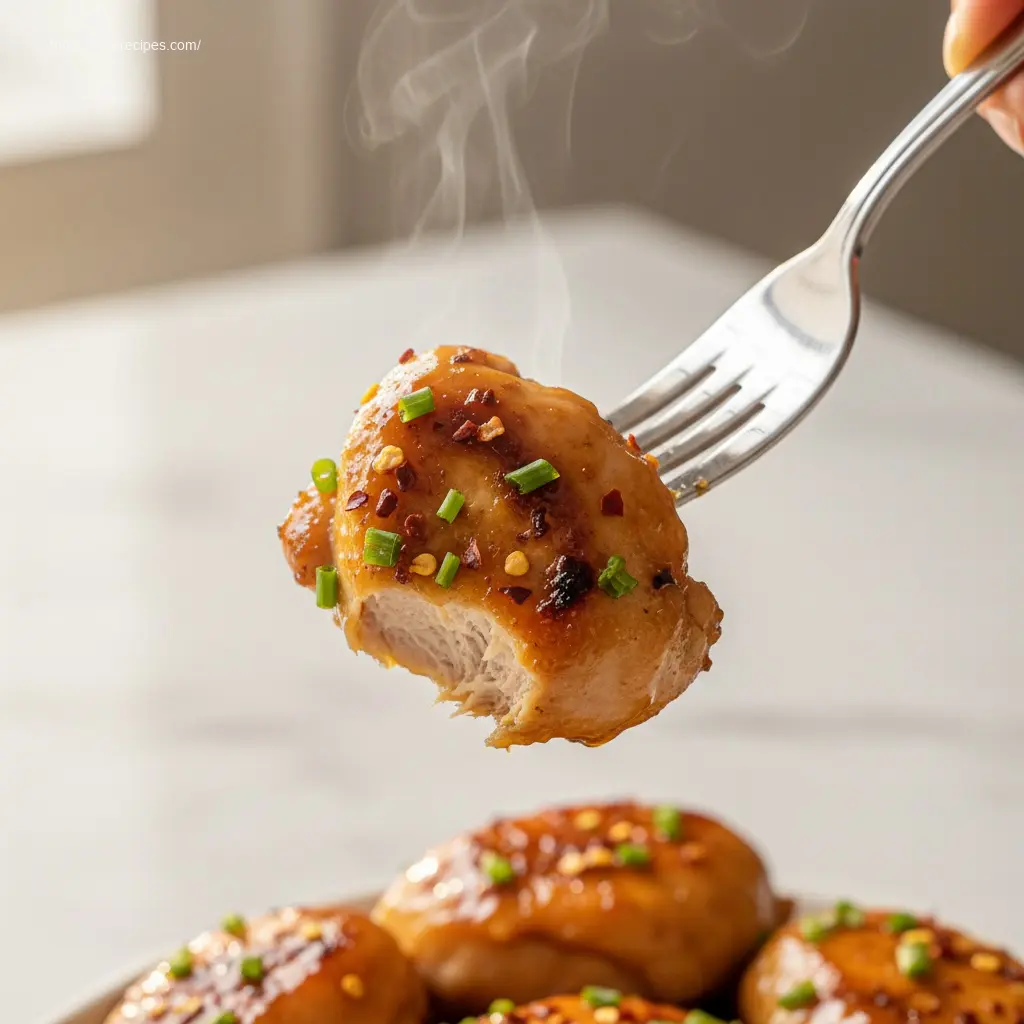 Close-up of fork lifting tender honey teriyaki chicken.