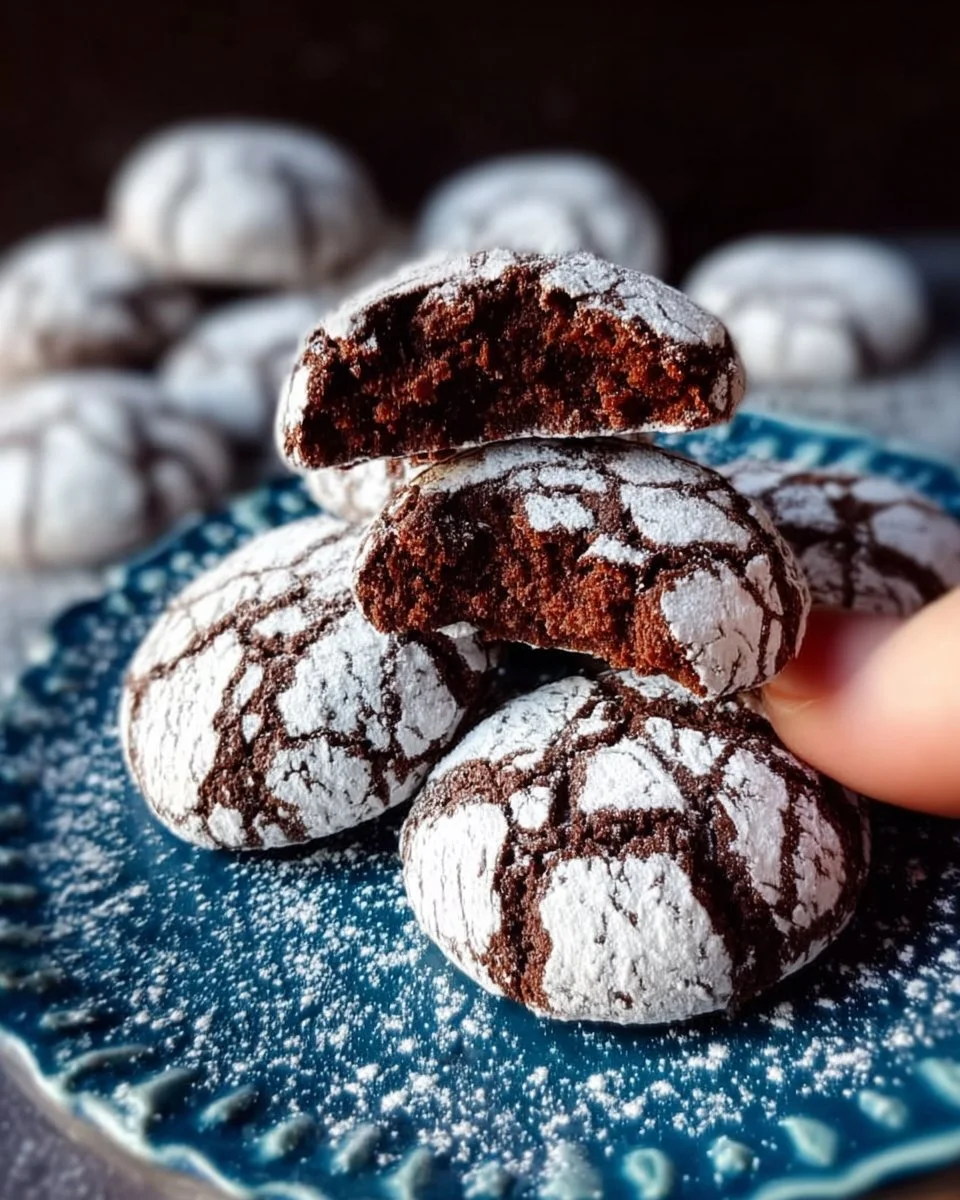 Delicious Chocolate Crinkle Cookies dusted with powdered sugar on a plate.