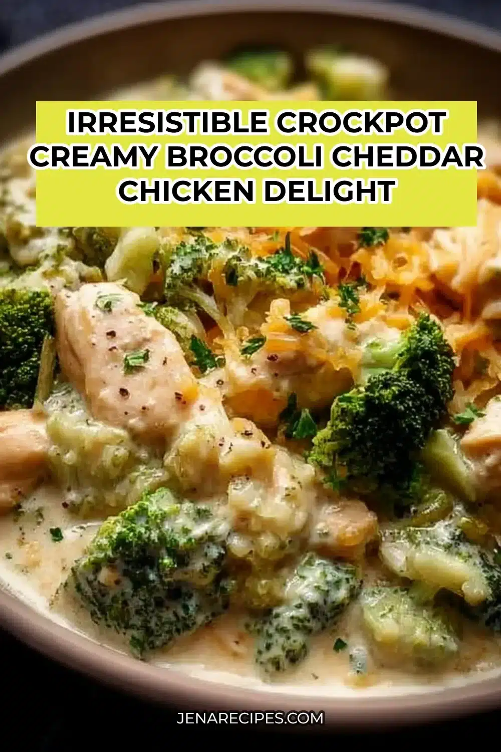 Crockpot creamy broccoli cheddar chicken served with fresh herbs