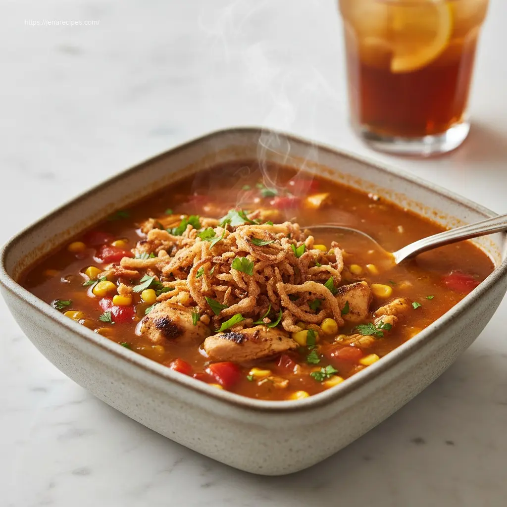 Hearty Spicy Jalapeño Chicken Soup on a marble table.